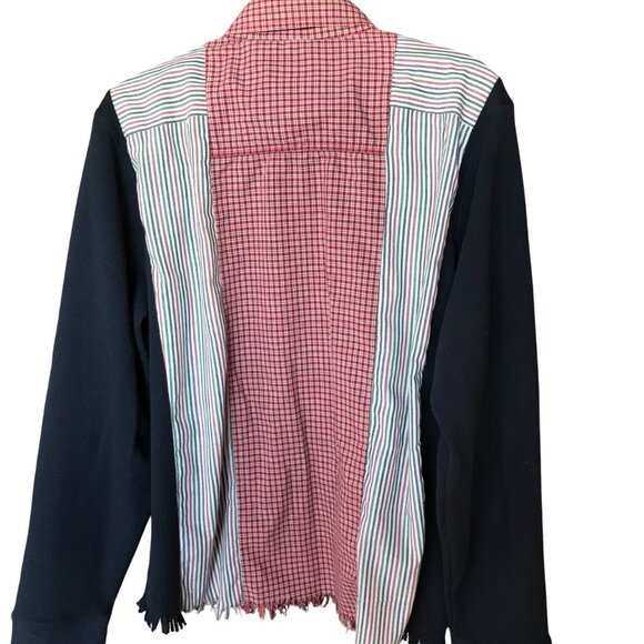 Upcycled Mixed Print Button-Down Shirt, Size M-L: Spliced Plaid & Striped Top - Picture 3 of 12